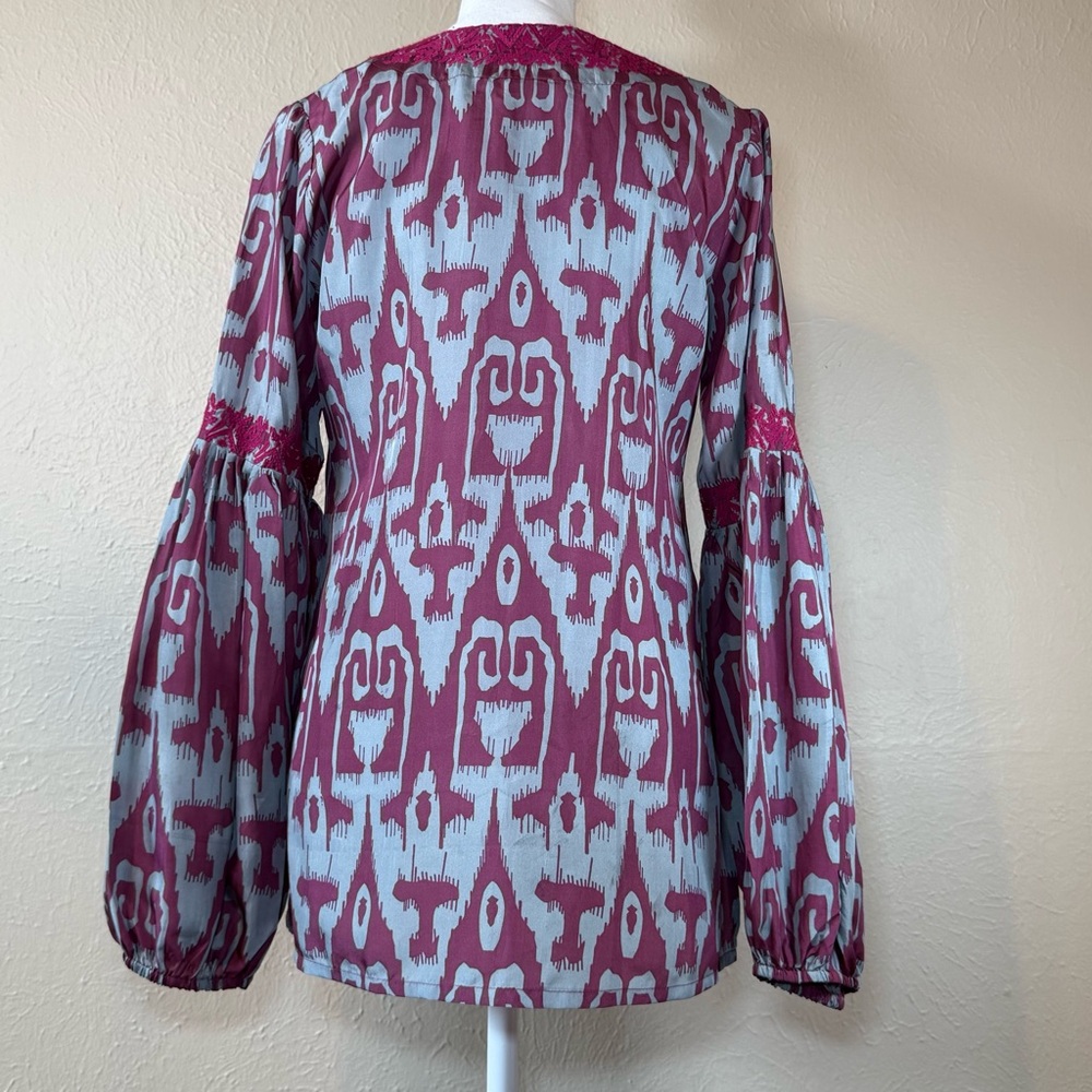 Silk Ikat Gray/Magenta Embroidered Tunic with Bell Sleeves  Boho Gypsy - Picture 2 of 7